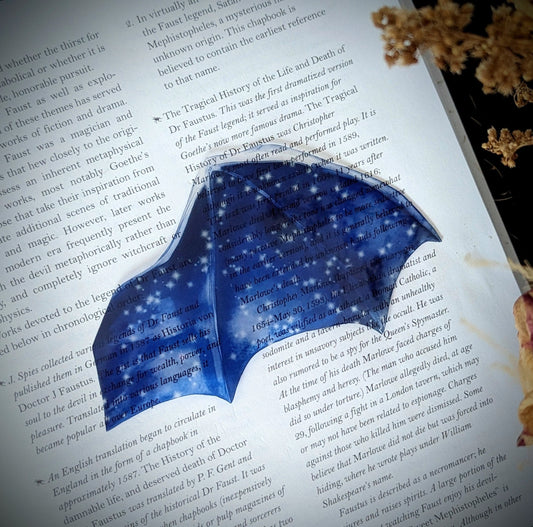 Clear Bookmark Blue Starry Sky Bat Dragon Wing Goth Gothic Fantasy Sci-Fi Book Lover Reader Gift Handmade Artist