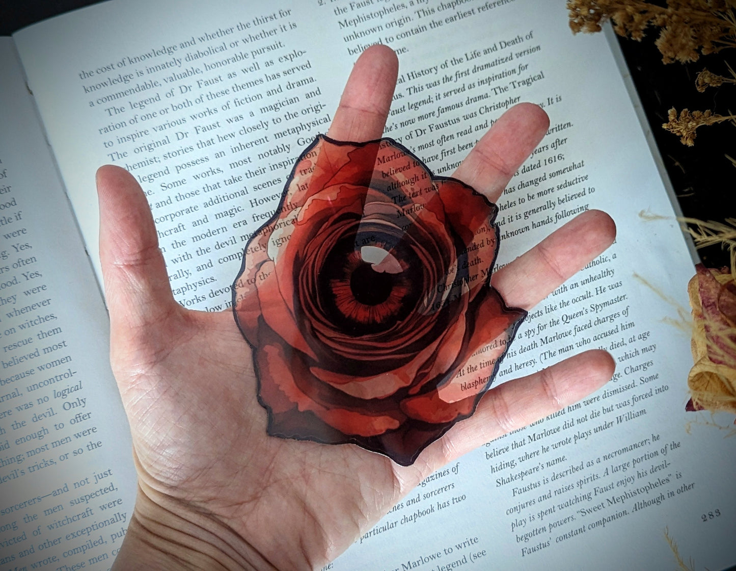 Clear Bookmark Watercolor Red Rose Eyeball Surreal Goth Gothic Halloween Horror Creepy Dark Weird Book Reader Lover Gift Handmade Artist