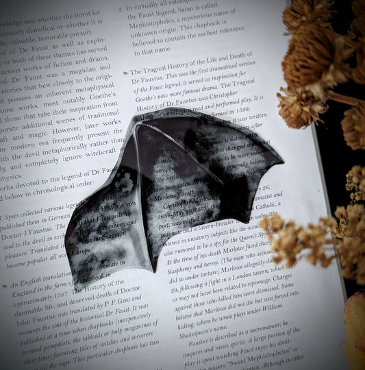 Clear Bookmark Black Gray Watercolor Bat Dragon Wing Goth Gothic Fantasy Sci-Fi Book Lover Reader Gift Handmade Artist