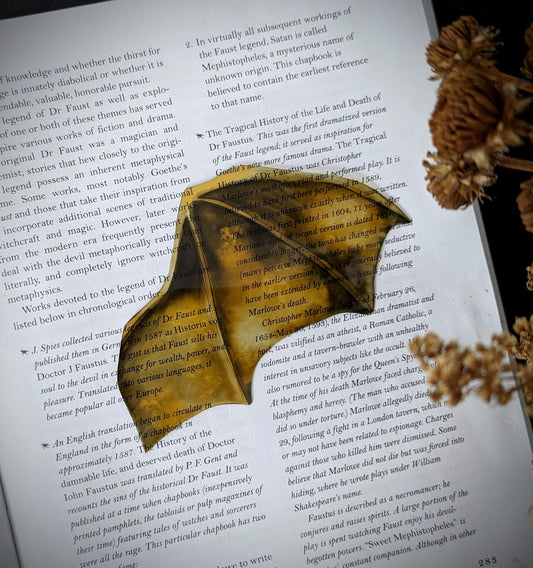 Clear Bookmark Gold Yellow Watercolor Bat Dragon Wing Goth Gothic Fantasy Sci-Fi Book Lover Reader Gift Handmade Artist