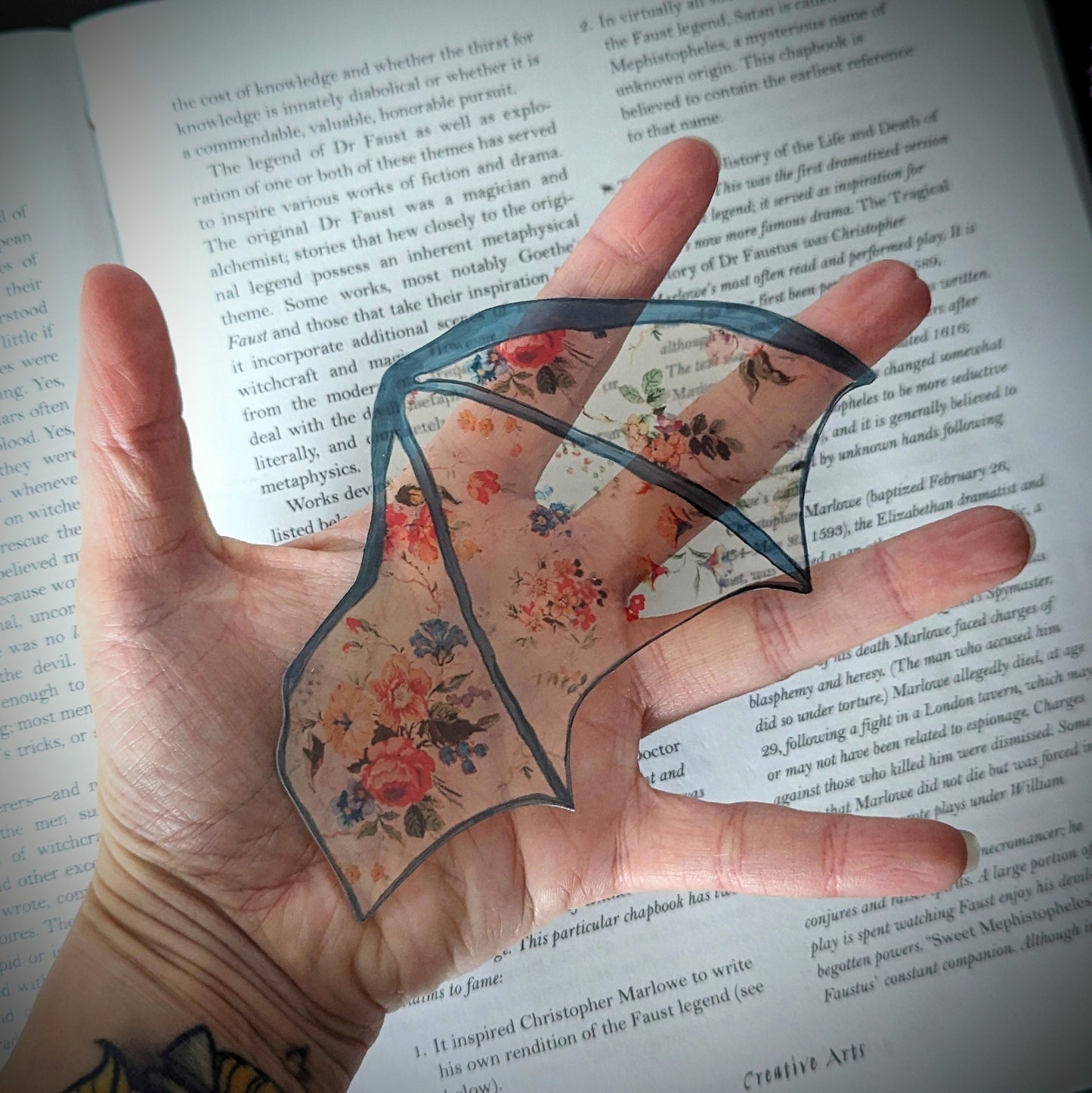 Clear Bookmark Floral Flower Patterned Bat Dragon Wing Goth Gothic Dark Academia Book Lover Reader Gift Handmade Artist