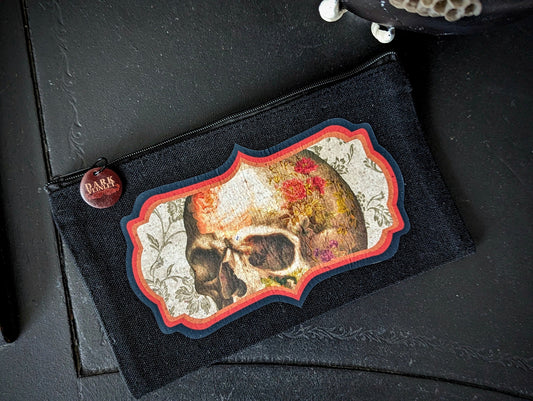 Canvas Zipper Pouch Bag Makeup Tarot Cards Goth Gothic Dark Academia Human Skull Flowers Collage Surreal Handmade Artist