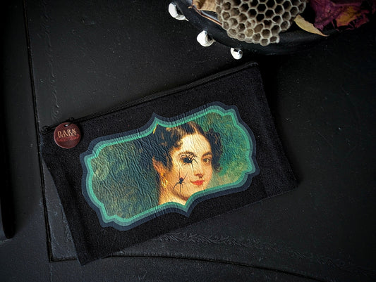 Canvas Zipper Pouch Bag Makeup Tarot Cards Goth Gothic Dark Academia Woman Lady Spiders On Face Creepy Collage Surreal Handmade Artist