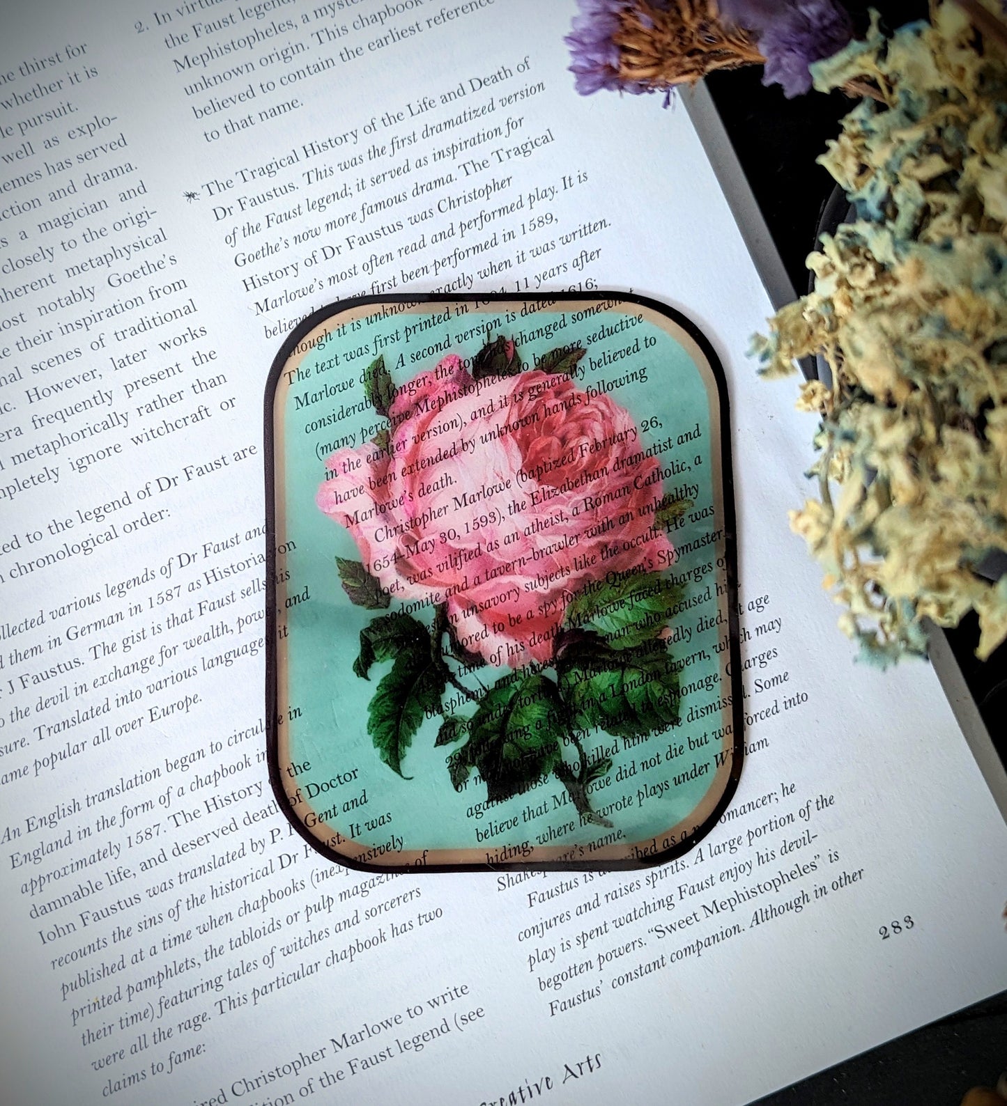 Clear Bookmark Vintage Pink Rose Flower Floral Victorian Goth Dark Academia Handmade Artist Book Reader Lover Gift