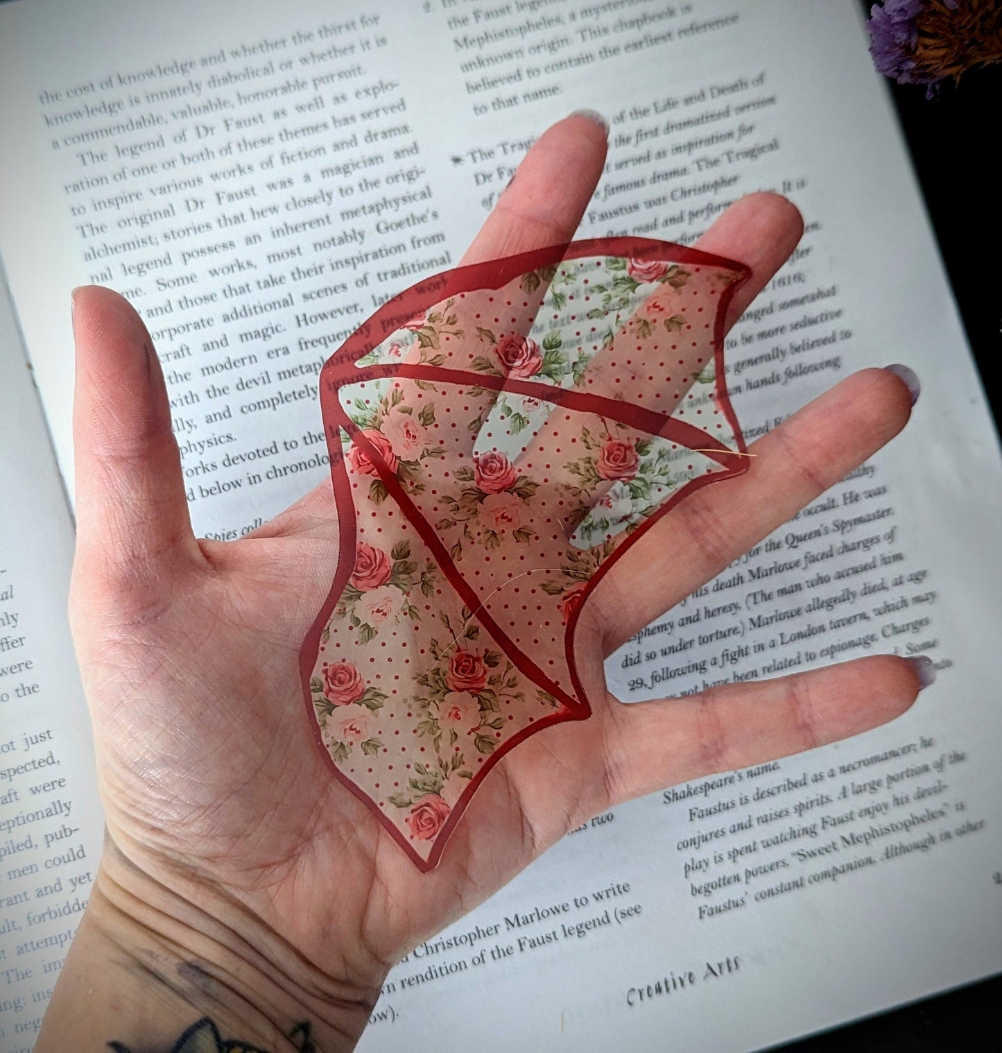 Clear Bookmark Red Floral Flower Patterned Bat Dragon Wing Goth Gothic Dark Academia Book Lover Reader Gift Handmade Artist
