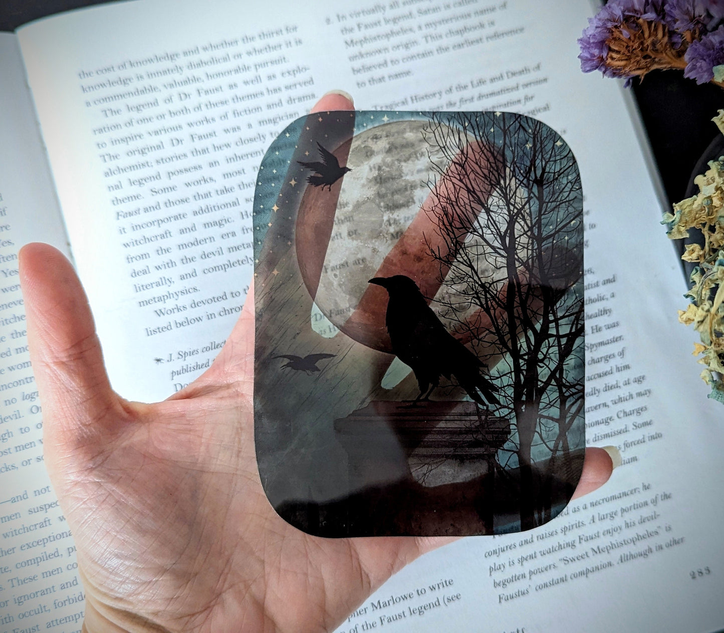 Clear Bookmark Crow Raven Tombstone Full Moon Gothic Goth Horror Halloween Dark Academia Handmade Artist Book Reader Lover Gift
