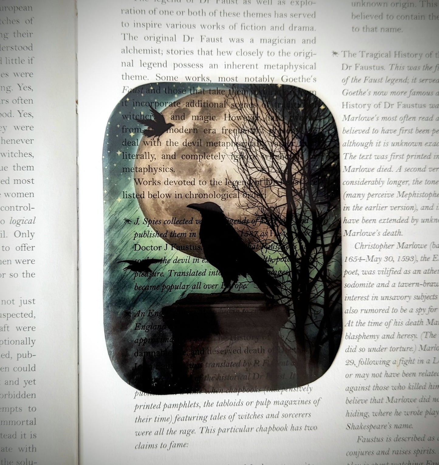 Clear Bookmark Crow Raven Tombstone Full Moon Gothic Goth Horror Halloween Dark Academia Handmade Artist Book Reader Lover Gift