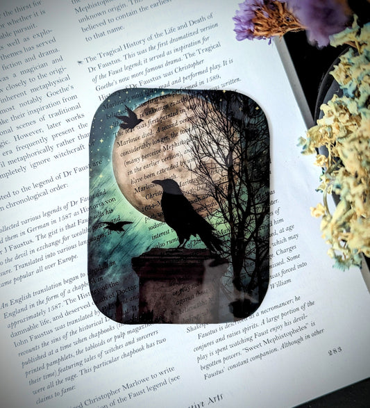 Clear Bookmark Crow Raven Tombstone Full Moon Gothic Goth Horror Halloween Dark Academia Handmade Artist Book Reader Lover Gift