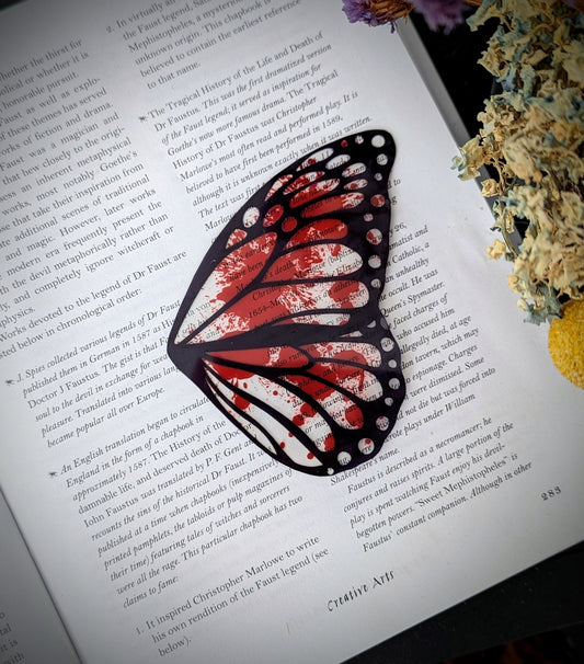 Clear Bookmark Blood Splatter Monarch Butterfly Wing Insect Bug Dark Academia Fairycore Cottagecore Handmade Art Book Reader Lover Gift