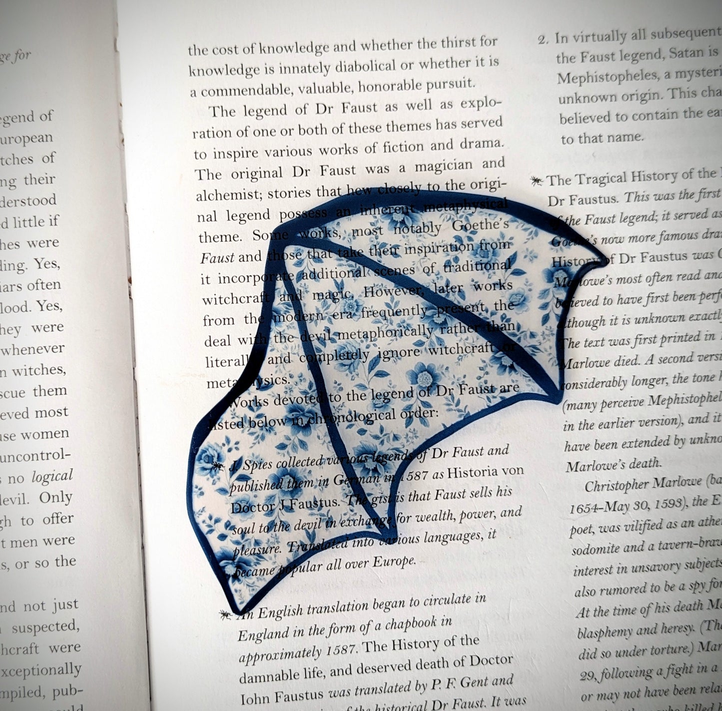 Clear Bookmark Blue Floral Flower Patterned Bat Dragon Wing Goth Gothic Dark Academia Book Lover Reader Gift Handmade Artist
