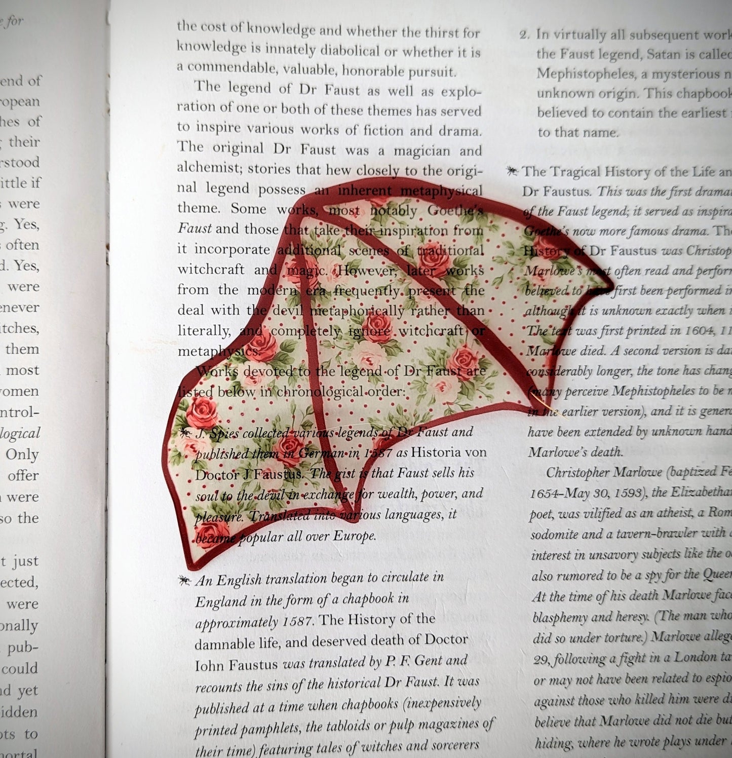 Clear Bookmark Red Floral Flower Patterned Bat Dragon Wing Goth Gothic Dark Academia Book Lover Reader Gift Handmade Artist