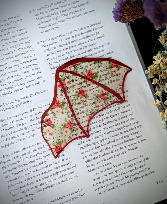 Clear Bookmark Red Floral Flower Patterned Bat Dragon Wing Goth Gothic Dark Academia Book Lover Reader Gift Handmade Artist
