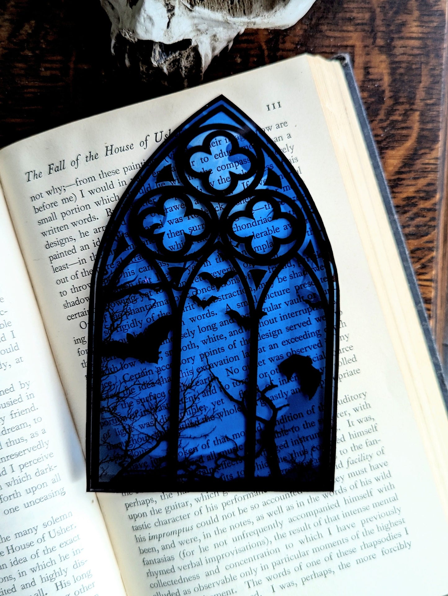 Clear Bookmark Blue Cathedral Church Window Night Scene Bats Flying Forest Eerie Goth Gothic Horror Dark Academia Book Reader Lover Gift