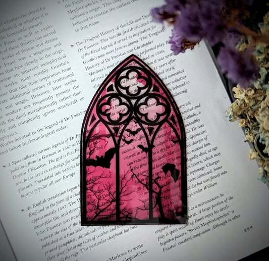 Clear Bookmark Pink Cathedral Church Window Night Scene Bats Flying Forest Eerie Goth Gothic Horror Dark Academia Book Reader Lover Gift