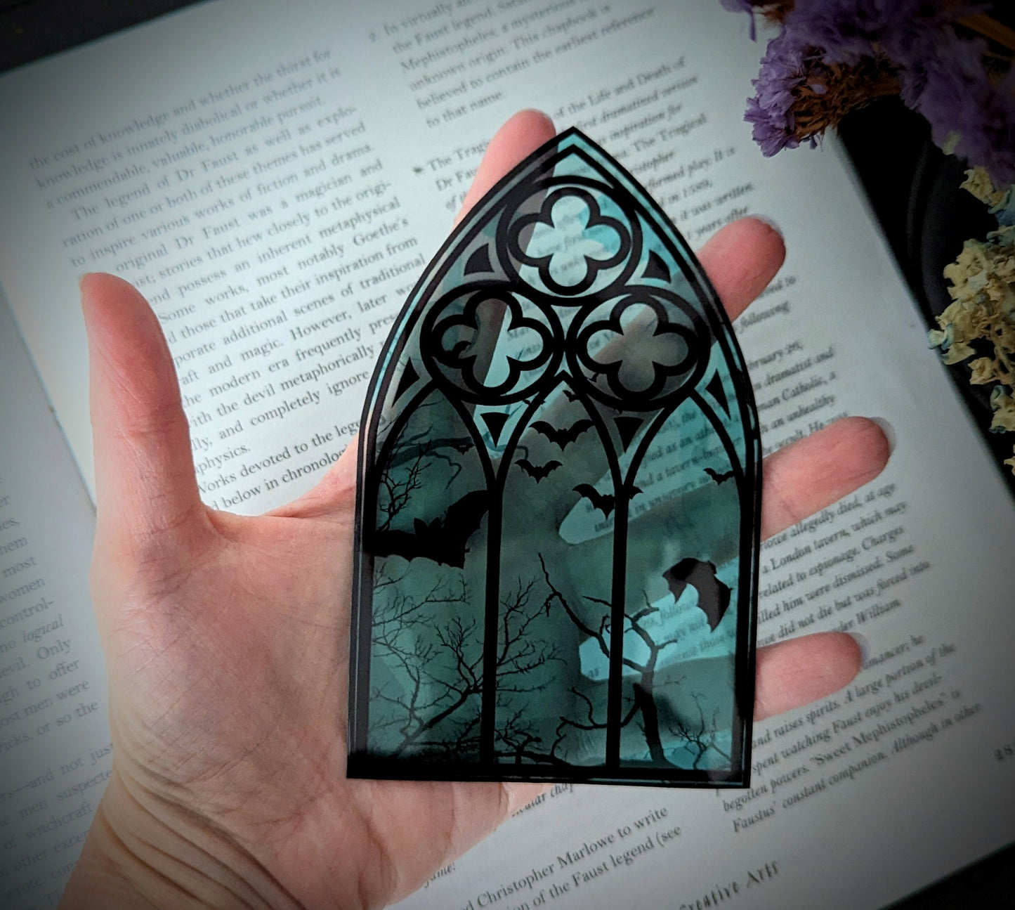 Clear Bookmark Teal Cathedral Church Window Night Scene Bats Flying Forest Eerie Goth Gothic Horror Dark Academia Book Reader Lover Gift