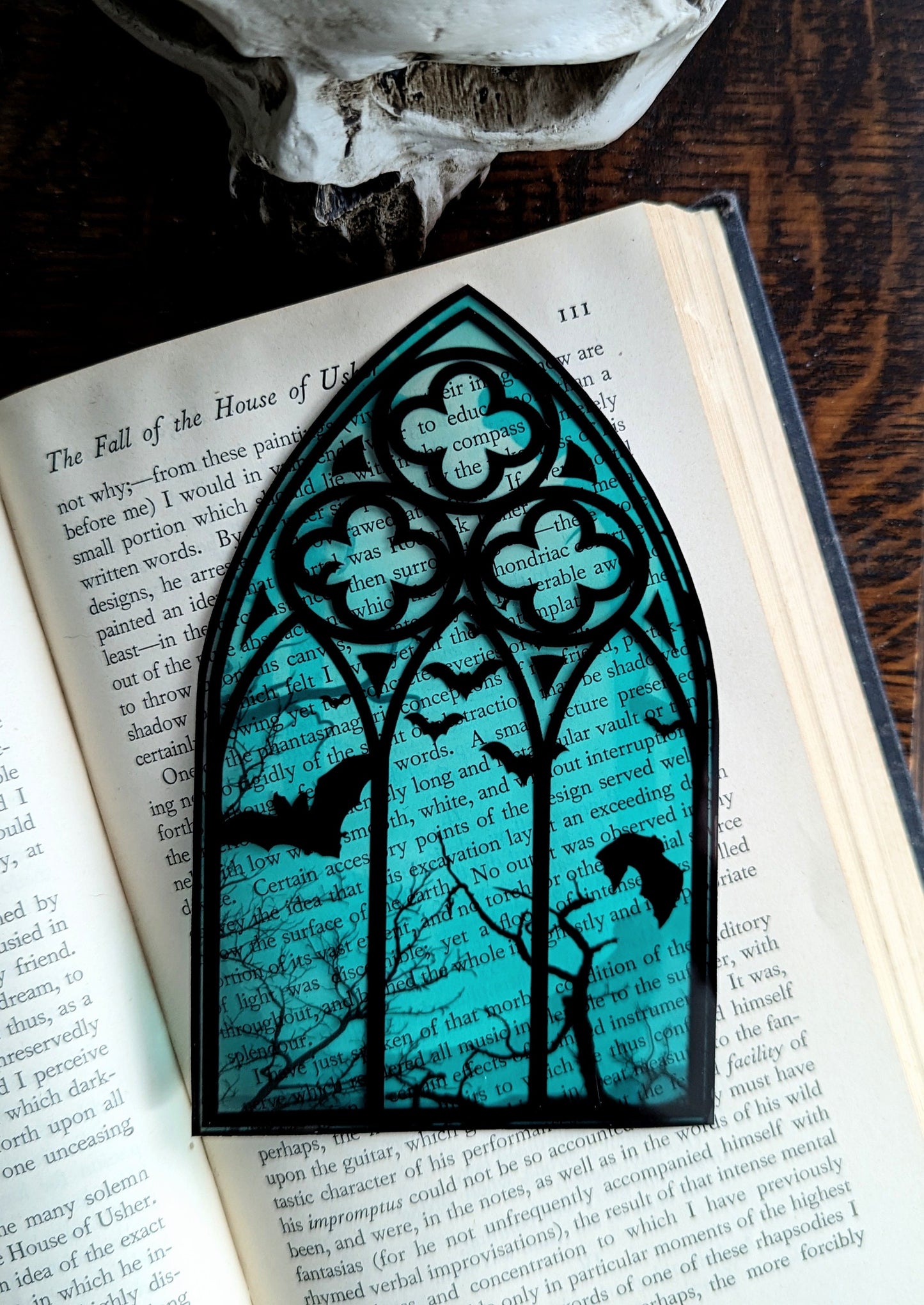 Clear Bookmark Teal Cathedral Church Window Night Scene Bats Flying Forest Eerie Goth Gothic Horror Dark Academia Book Reader Lover Gift