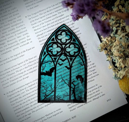 Clear Bookmark Teal Cathedral Church Window Night Scene Bats Flying Forest Eerie Goth Gothic Horror Dark Academia Book Reader Lover Gift