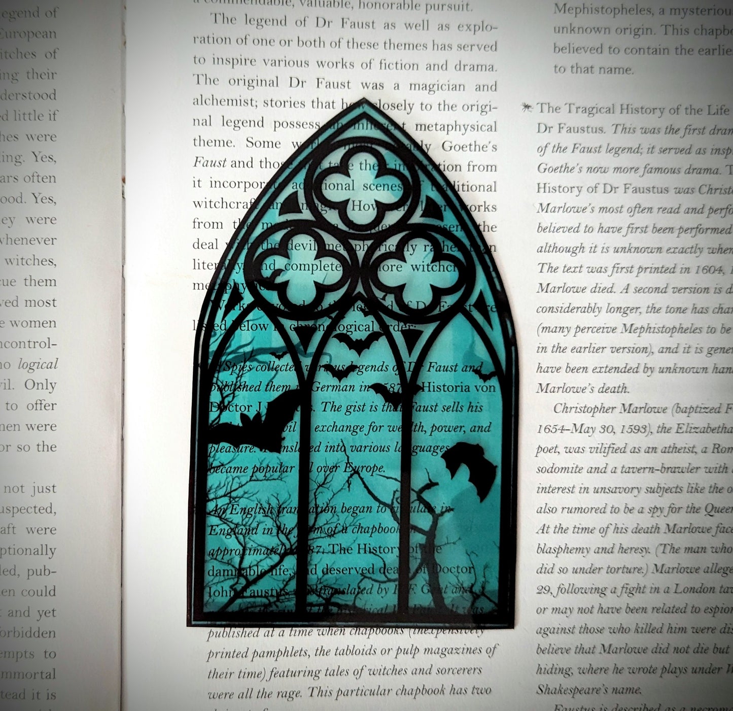 Clear Bookmark Teal Cathedral Church Window Night Scene Bats Flying Forest Eerie Goth Gothic Horror Dark Academia Book Reader Lover Gift