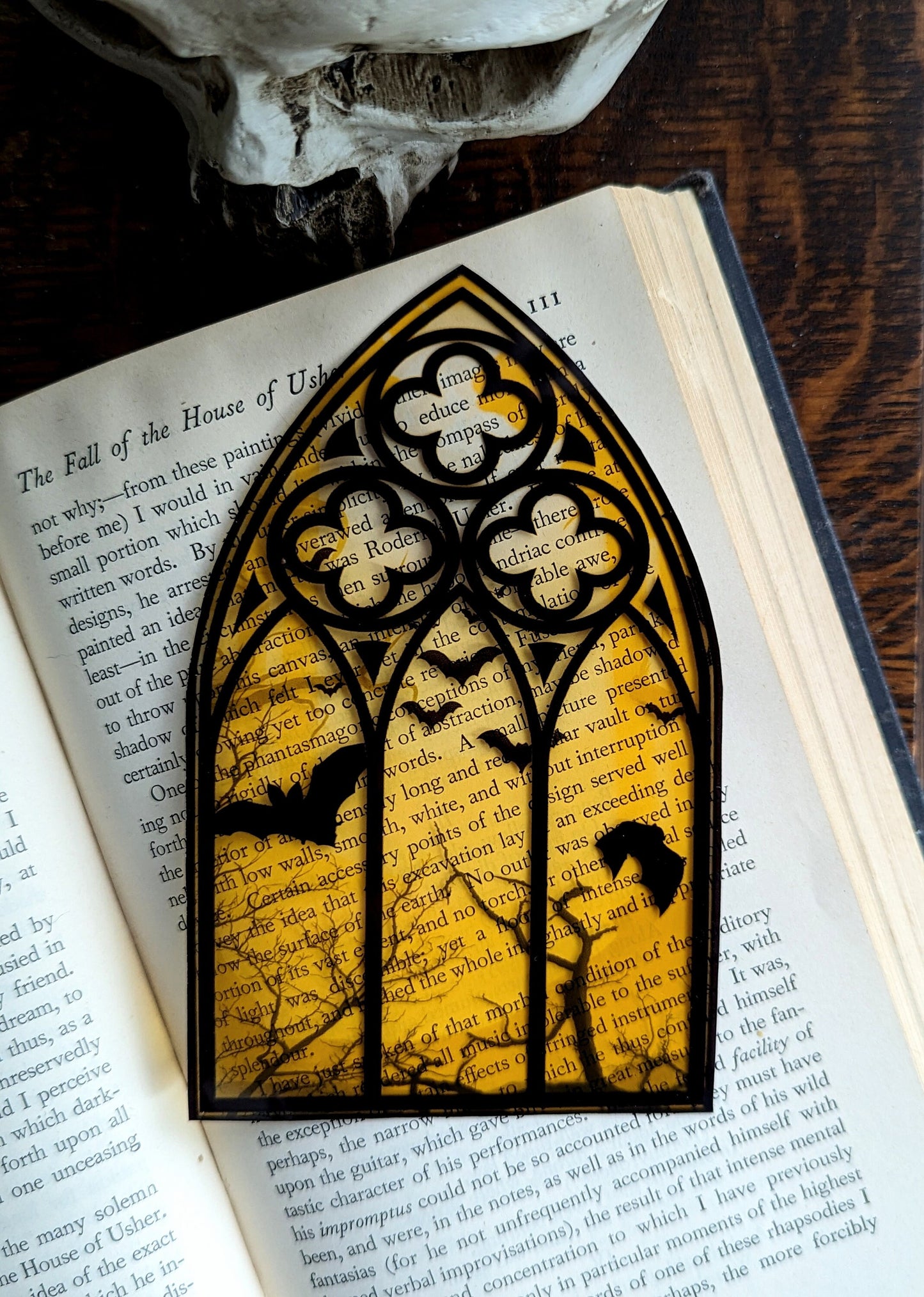 Clear Bookmark Yellow Cathedral Church Window Night Scene Bats Flying Forest Eerie Goth Gothic Horror Dark Academia Book Reader Lover Gift