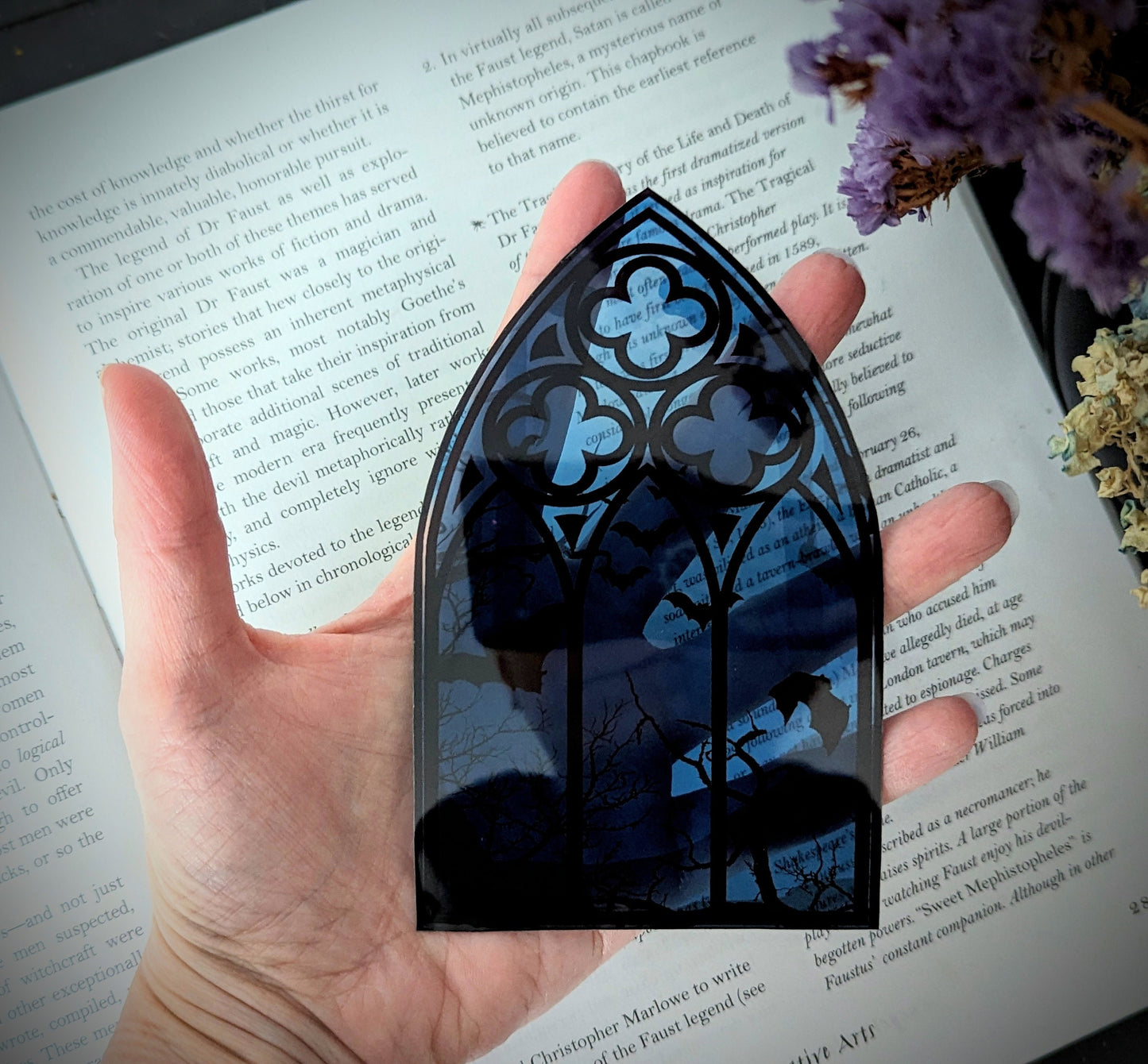 Clear Bookmark Blue Cathedral Church Window Night Scene Bats Flying Forest Eerie Goth Gothic Horror Dark Academia Book Reader Lover Gift