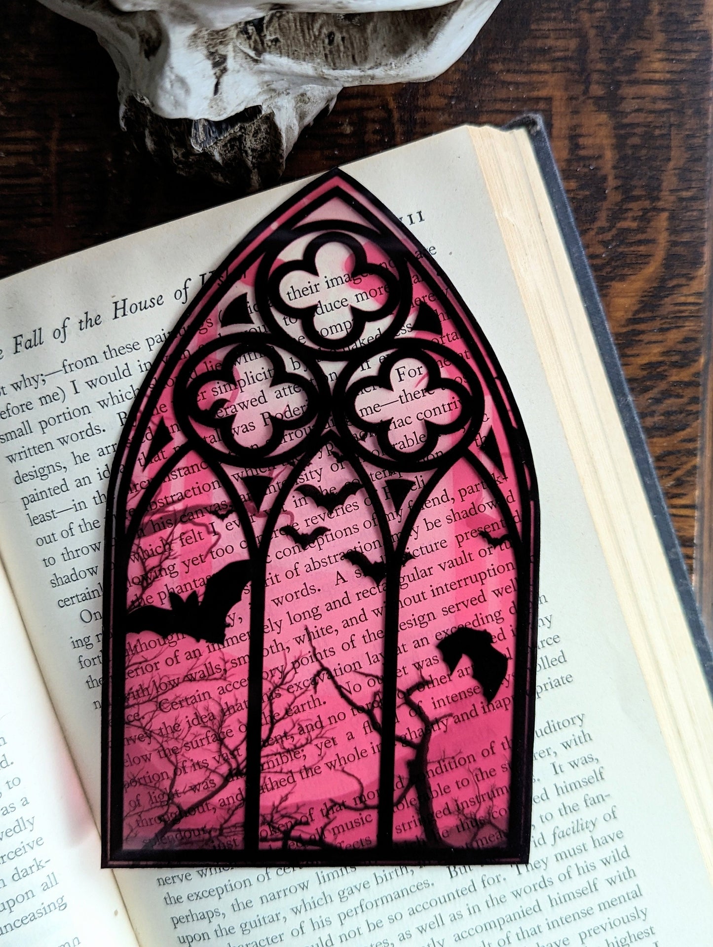 Clear Bookmark Pink Cathedral Church Window Night Scene Bats Flying Forest Eerie Goth Gothic Horror Dark Academia Book Reader Lover Gift
