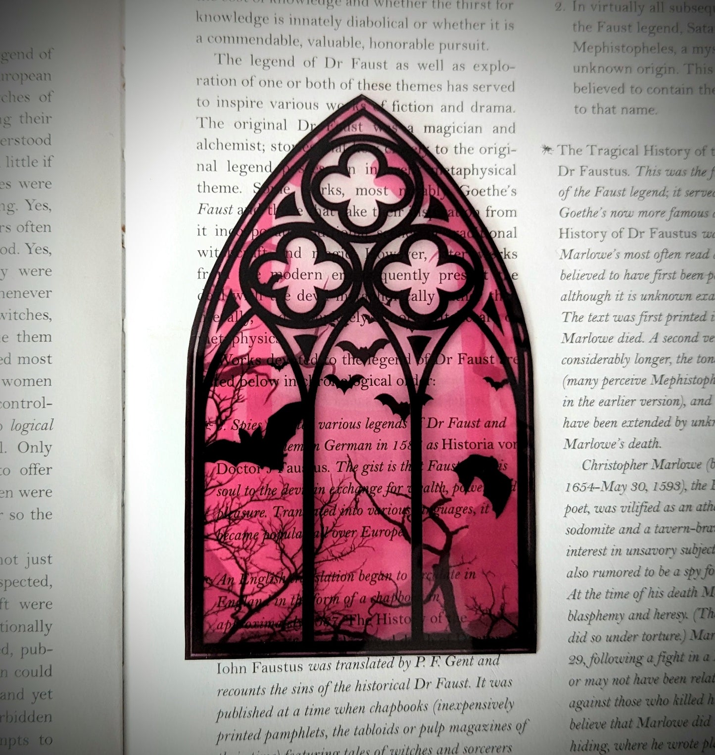Clear Bookmark Pink Cathedral Church Window Night Scene Bats Flying Forest Eerie Goth Gothic Horror Dark Academia Book Reader Lover Gift