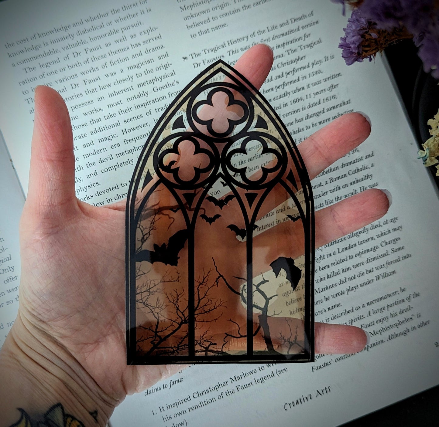 Clear Bookmark Sepia Cathedral Church Window Night Scene Bats Flying Forest Eerie Goth Gothic Horror Dark Academia Book Reader Lover Gift