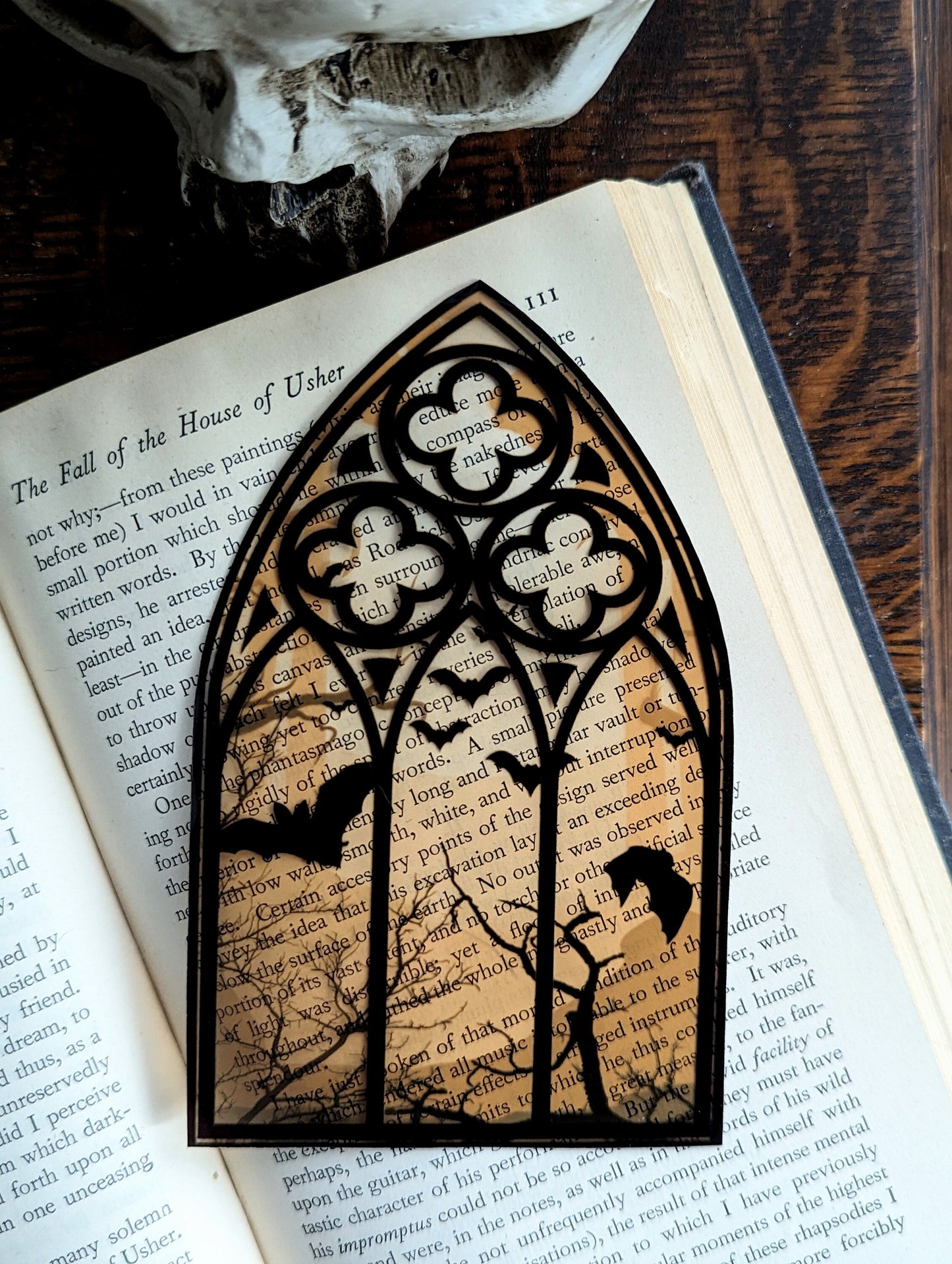 Clear Bookmark Sepia Cathedral Church Window Night Scene Bats Flying Forest Eerie Goth Gothic Horror Dark Academia Book Reader Lover Gift