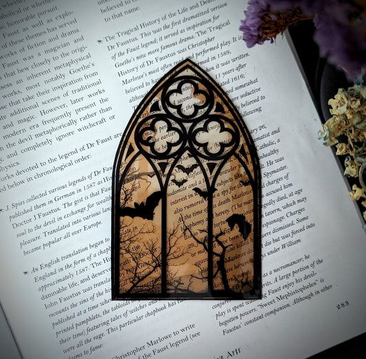 Clear Bookmark Sepia Cathedral Church Window Night Scene Bats Flying Forest Eerie Goth Gothic Horror Dark Academia Book Reader Lover Gift