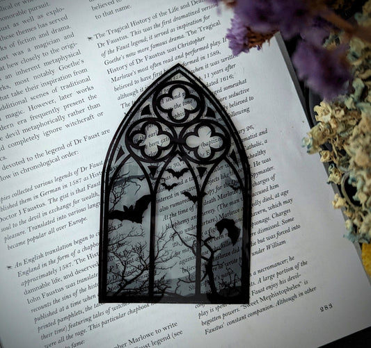 Clear Bookmark Gray Cathedral Church Window Night Scene Bats Flying Forest Eerie Goth Gothic Horror Dark Academia Book Reader Lover Gift
