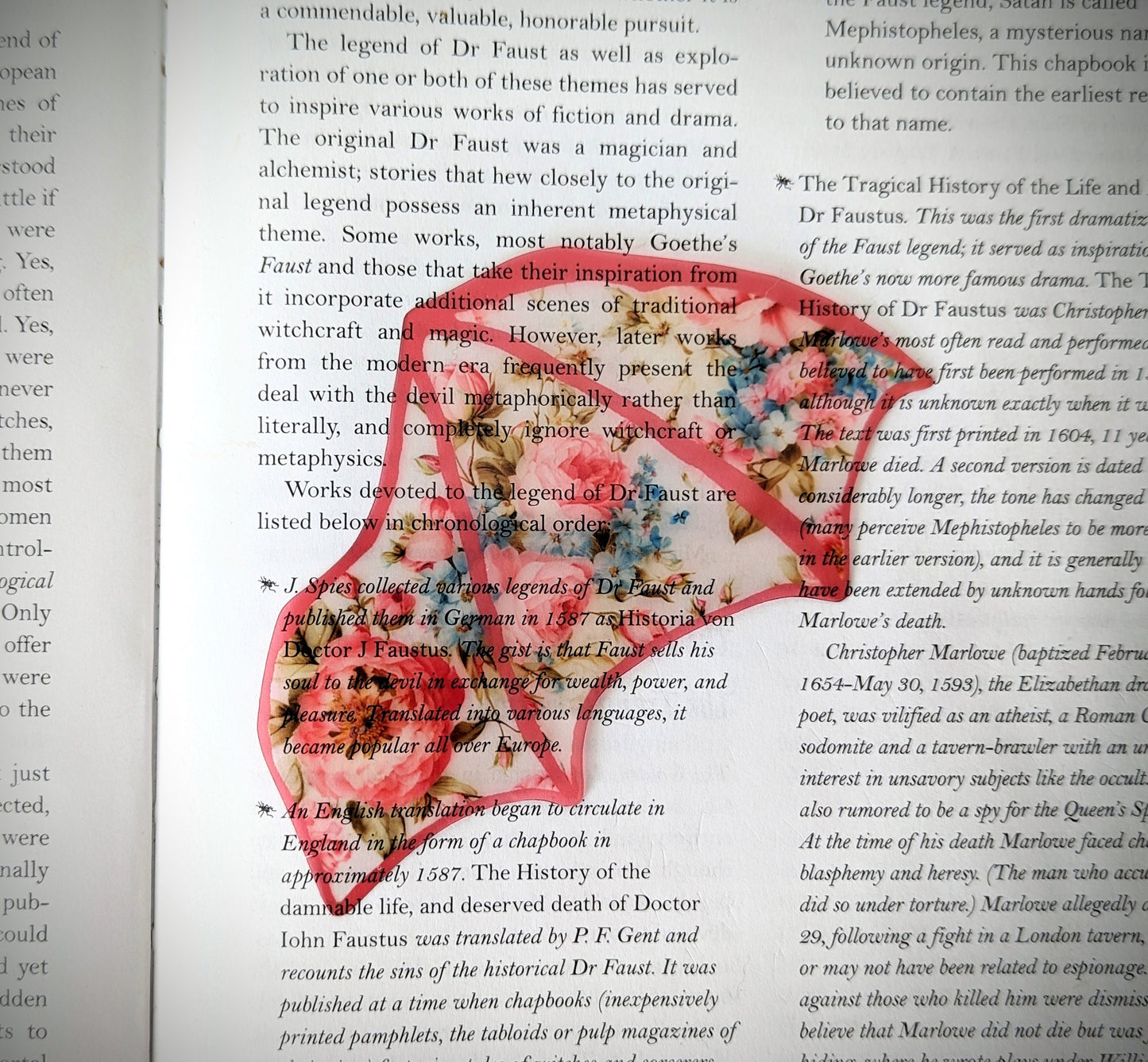 Clear Bookmark Vintage Retro Pink and Blue Floral Bat Dragon Wing Goth Gothic Dark Academia Book Lover Reader Gift Handmade Artist