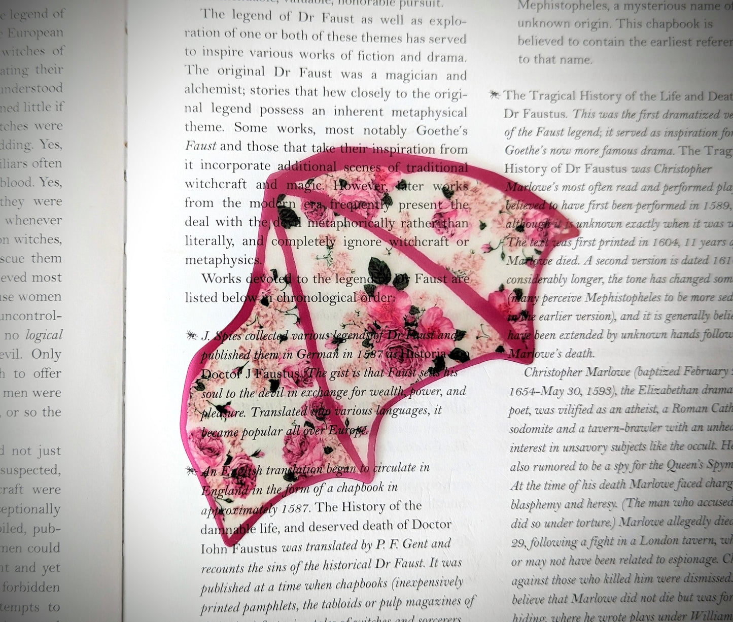 Clear Bookmark Vintage Retro Pink Floral Bat Dragon Wing Goth Gothic Dark Academia Book Lover Reader Gift Handmade Artist