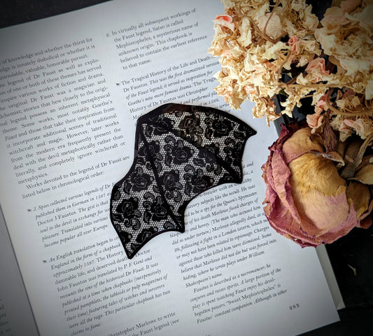 Clear Bookmark Black Lace Bat Dragon Wing Goth Gothic Dark Academia Book Lover Reader Gift Handmade Artist