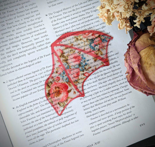 Clear Bookmark Vintage Retro Pink and Blue Floral Bat Dragon Wing Goth Gothic Dark Academia Book Lover Reader Gift Handmade Artist