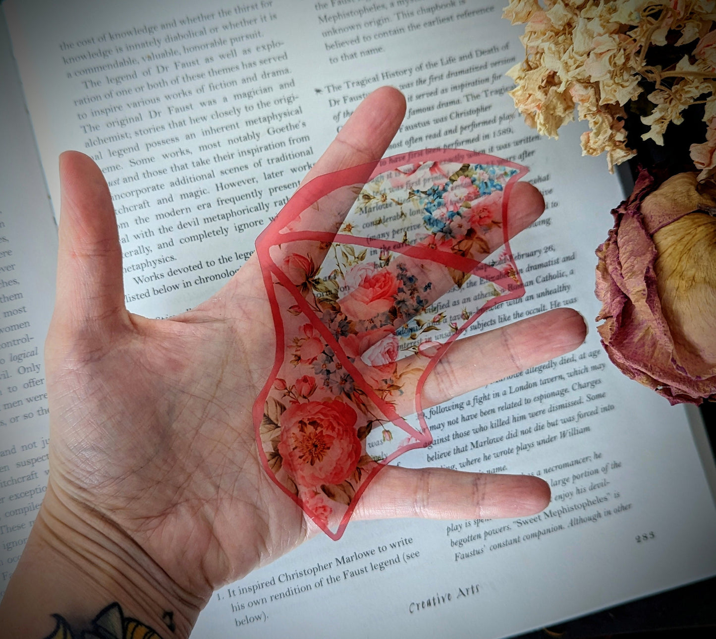 Clear Bookmark Vintage Retro Pink and Blue Floral Bat Dragon Wing Goth Gothic Dark Academia Book Lover Reader Gift Handmade Artist