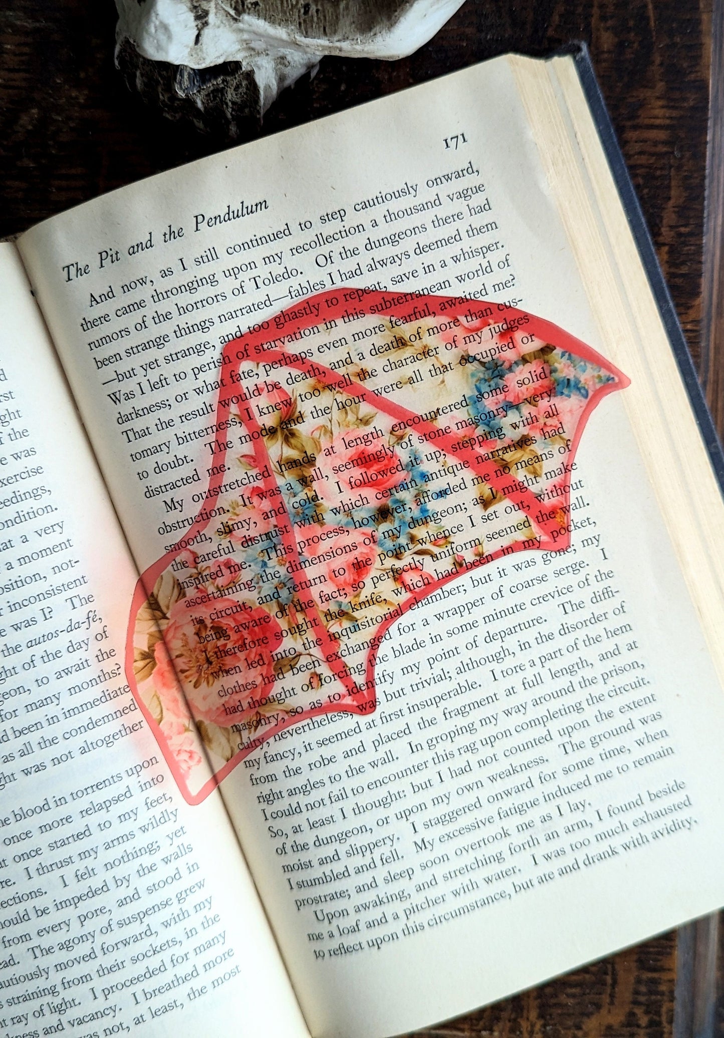 Clear Bookmark Vintage Retro Pink and Blue Floral Bat Dragon Wing Goth Gothic Dark Academia Book Lover Reader Gift Handmade Artist