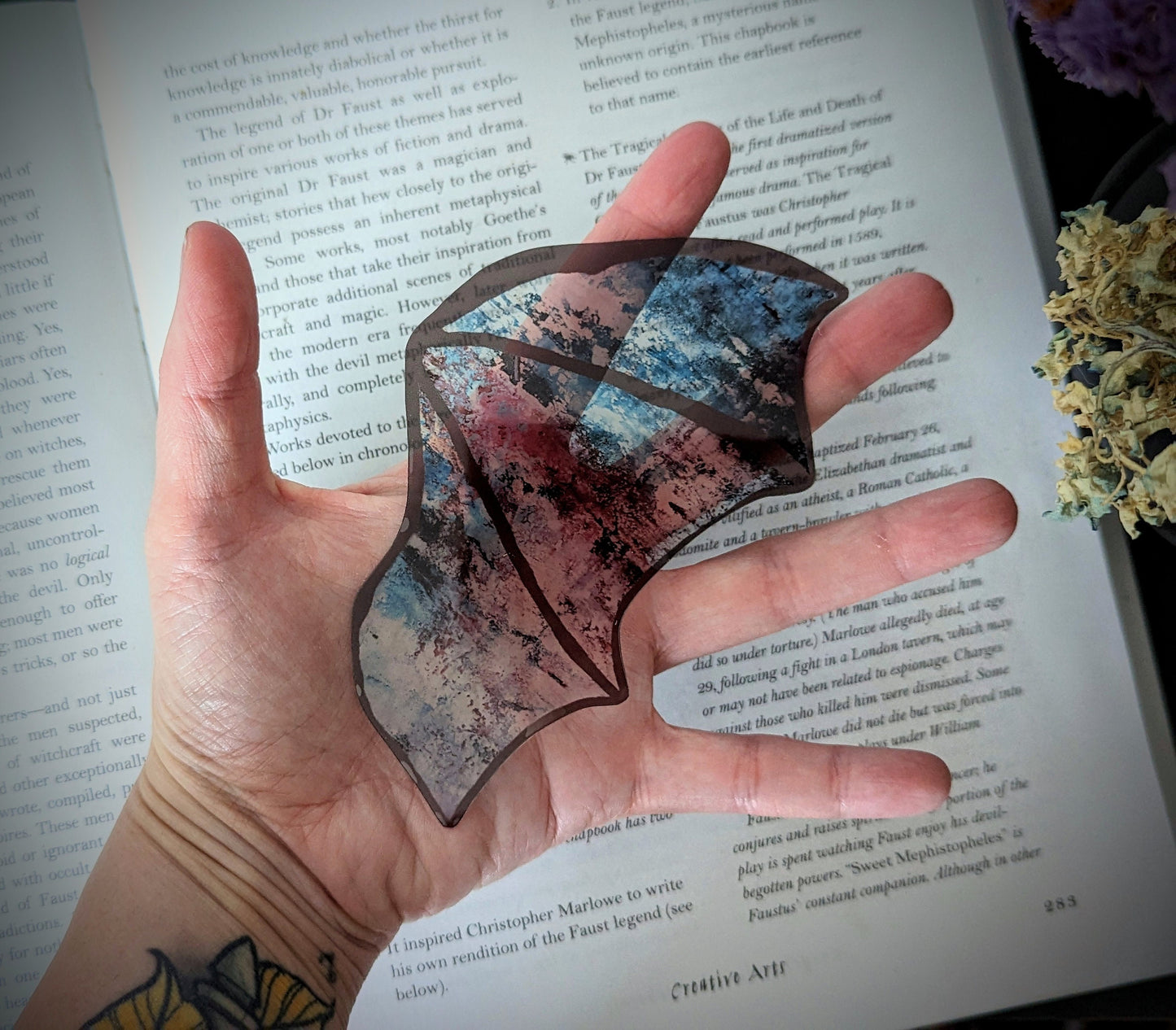 Clear Bookmark Grunge Abstract Purple Blue Maroon Bat Dragon Wing Goth Gothic Dark Academia Book Lover Reader Gift Handmade Artist