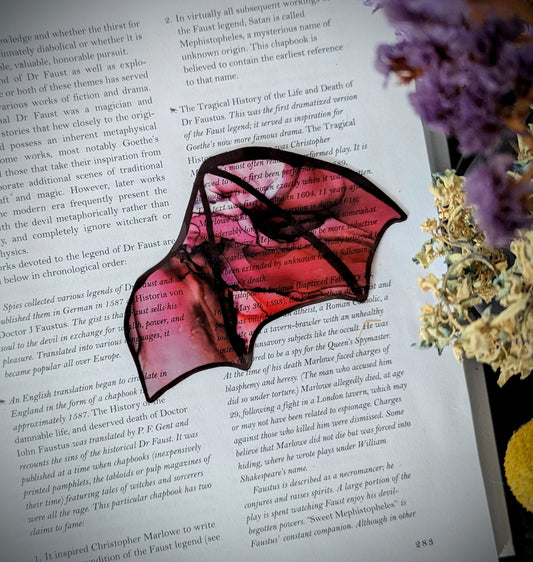 Clear Bookmark Red Pink Alcohol Ink Bat Dragon Wing Goth Gothic Dark Academia Book Lover Reader Gift Handmade Artist
