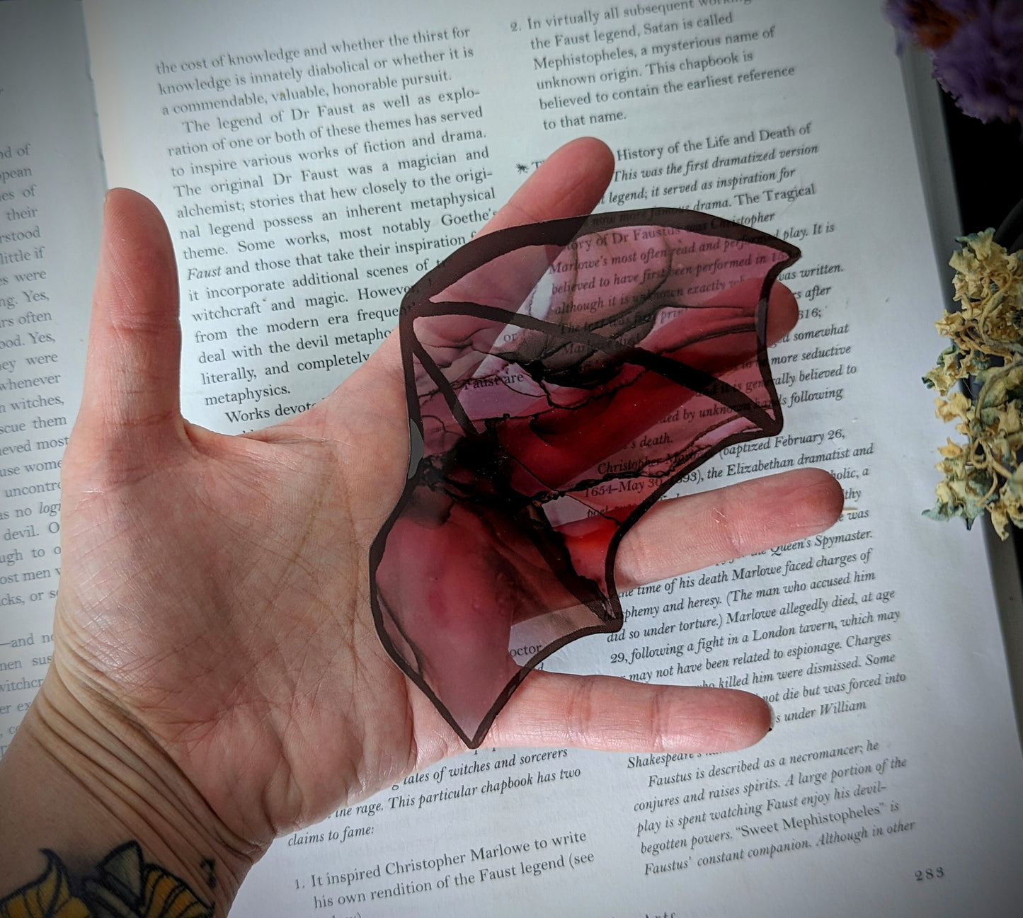 Clear Bookmark Red Pink Alcohol Ink Bat Dragon Wing Goth Gothic Dark Academia Book Lover Reader Gift Handmade Artist