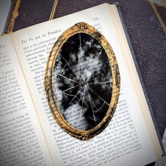 Clear Bookmark Broken Shattered Glass Mirror Grunge Clouds Victorian Gothic Horror Dark Academia Handmade Artist Book Club Reader Lover Gift