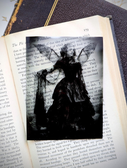 Clear Bookmark Vintage Photograph Lady Bat Wings Fall Autumn Dark Academia Cottagecore Handmade Artist Book Lover Reader Gift