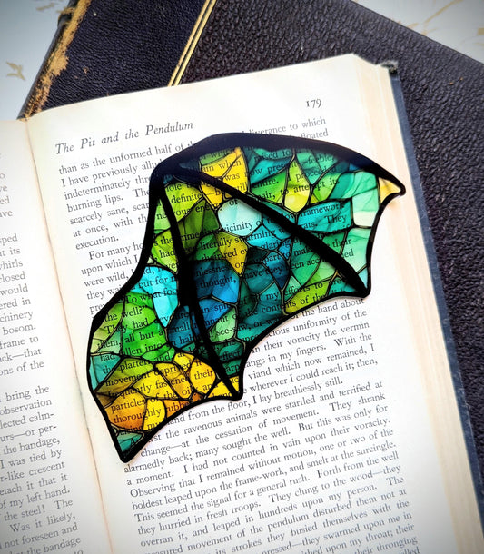 Clear Bookmark Stained Glass Blue Green Yellow Bat Dragon Wing Goth Gothic Dark Academia Book Club Lover Reader Gift Handmade Artist