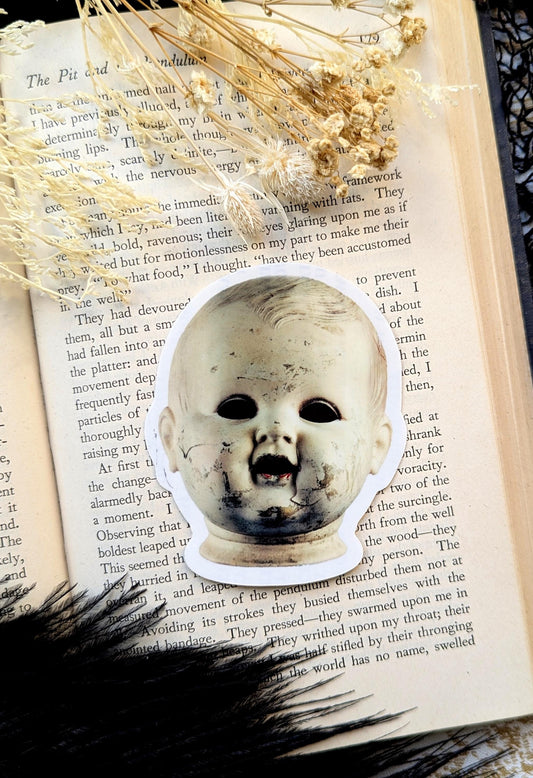 Vinyl Waterproof Sticker Hydroflask Water Bottle Laptop Creepy Doll Head Goth Gothic Horror Halloween Witch Witchcraft