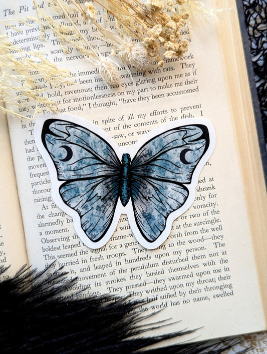 Vinyl Waterproof Sticker Blue Grunge Moon Moth Butterfly Nature Beautiful Cottagecore Handmade Artist Gift