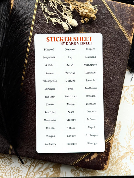 Clear Transparent Sticker Sheet Word Words Goth Gothic Horror Dark Academia Scrapbook Junk Trash Journal Collage Planner Handmade Art Gift