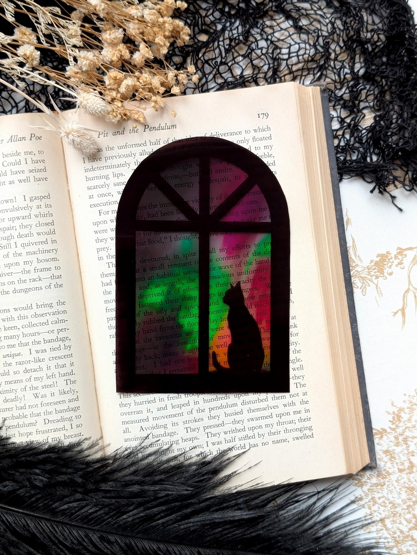 Clear Bookmark Cat Feline Silhouette Window Frame Northern Lights Aurora Borealis Handmade Artist Book Lover Reader Gift