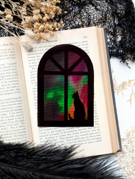 Clear Bookmark Cat Feline Silhouette Window Frame Northern Lights Aurora Borealis Handmade Artist Book Lover Reader Gift