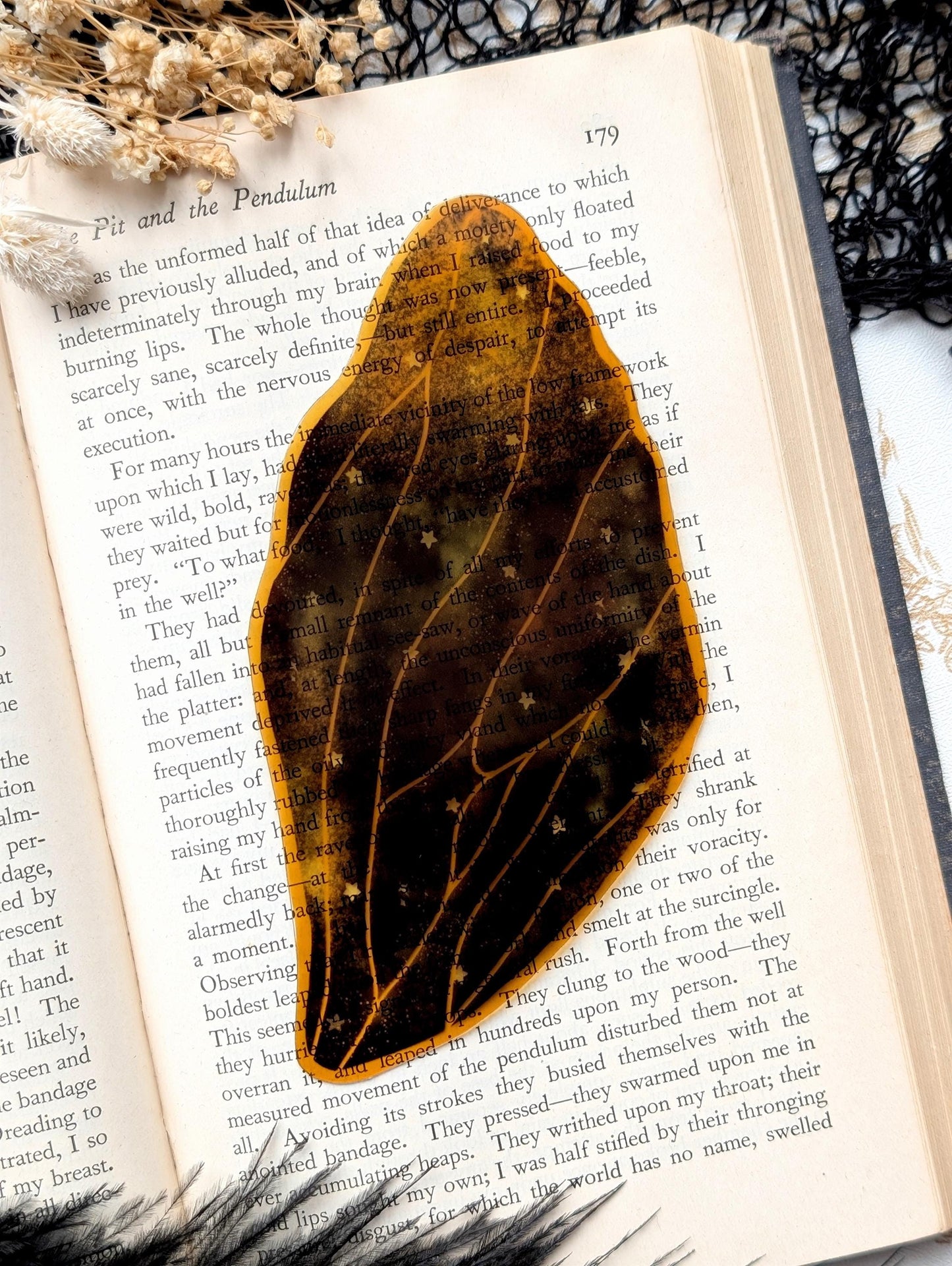 Clear Bookmark Fairy Faerie Pixie Wing Black Gold Outline Stars Pretty Goth Dark Academia Fairycore Fantasy Sci-Fi Book Reader Lover Gift