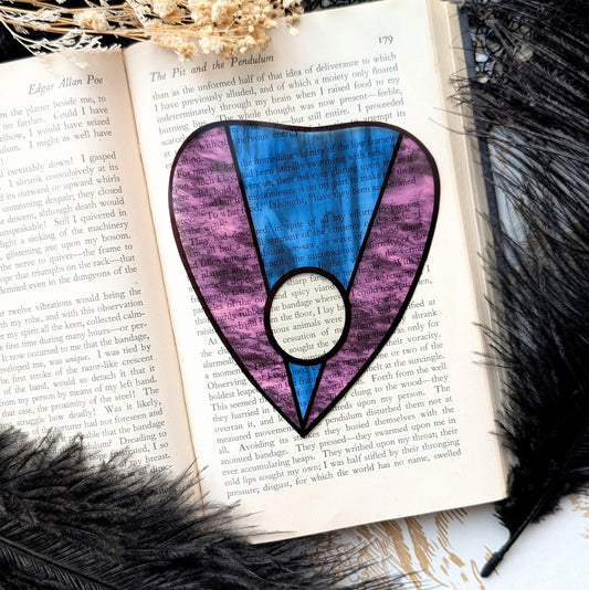 Clear Bookmark Planchette Stained Glass Effect Purple Blue Ouija Witch Goth Gothic Horror Handmade Artist Book Reader Lover Gift
