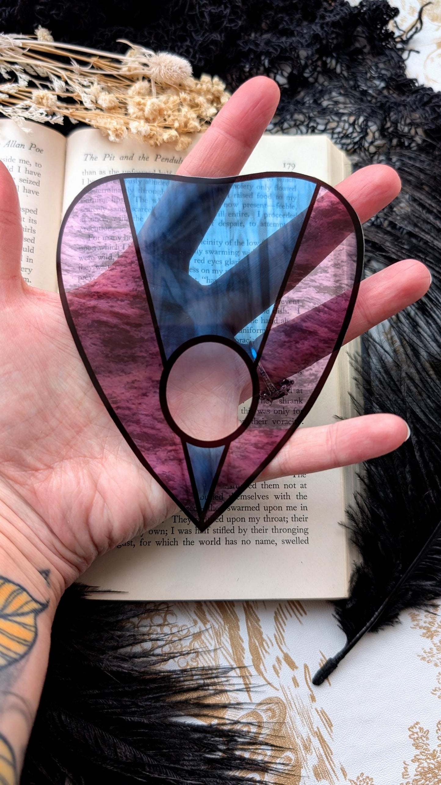 Clear Bookmark Planchette Stained Glass Effect Purple Blue Ouija Witch Goth Gothic Horror Handmade Artist Book Reader Lover Gift